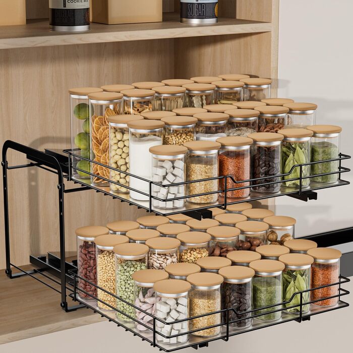 AIRUJIA Pull-Out Spice Rack, 2-Tier Dish Cabinet Organizer, Spice Rack Cabinet, Spice Rack, Lift-Up Sink Shelf, Spice Organizer for Kitchen, L26.4*W23.2*H23CM (L27.2*W34.3*H24 - 2 Tier)