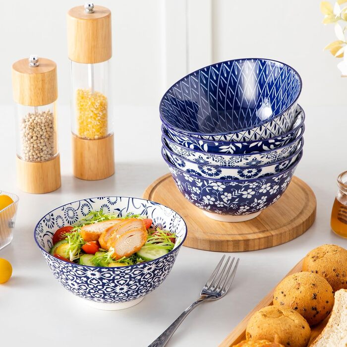 Набір мюслі-тарілок Vancasso Selene (6 шт.) з порцеляни, 720 мл – блакитно-білі керамічні тарілки для мюслі, салату, супу, рамену, фруктів та десерту