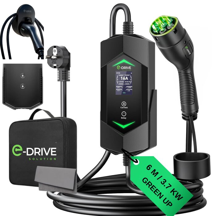Зарядний пристрій для електромобілів 16A (3.7кВт) E-Drive Solution, 6м, Type 2, LCD, з тримачем, сумісний з Green Up/Skudo