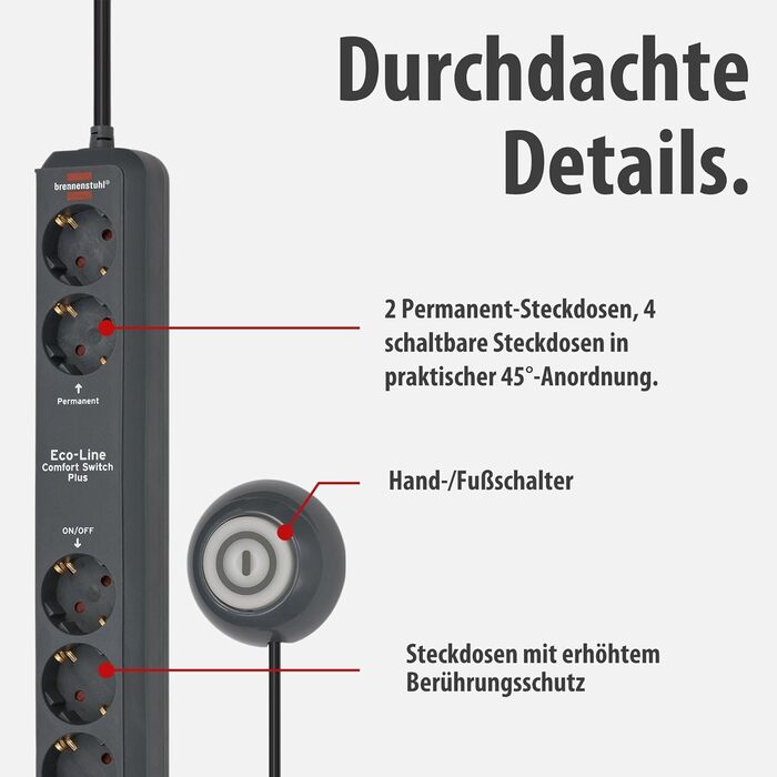 Бренненштуль Eco-Line Comfort Switch Plus мережевий фільтр 6-фазовий (розподільний блок з 2 постійними та 4 вимикачами, підсвічений вимикач) антрацит