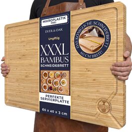 Розпільна дошка для нарізання та подачі з бамбука Deer & Oak XXXL (60x40x3,2 см), двостороння, з жолобками для соку та ручками