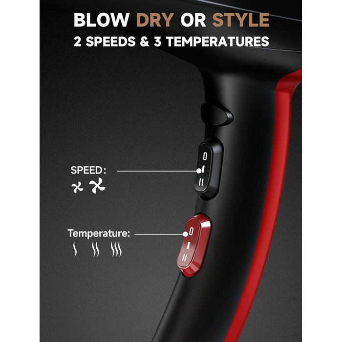 Професійний фен з іонізацією 2400W з AC-двигуном, з насадкою-дифузором, 40 млн негативних іонів, 3 режими температури, 2 швидкості, для салону краси та дому, чорний