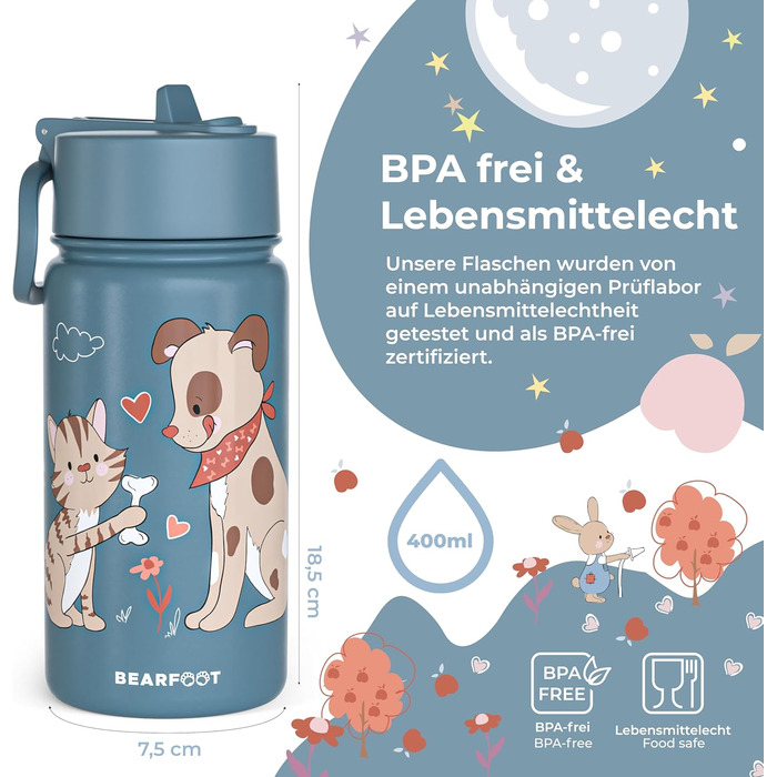 Дитяча термопляшка Bearfoot з нержавіючої сталі з трубочкою, 400 мл, без BPA, не протікає, для дівчаток та хлопчиків, ідеальна для школи та дитячого садка (Блакитна, з зображенням собаки та кота)