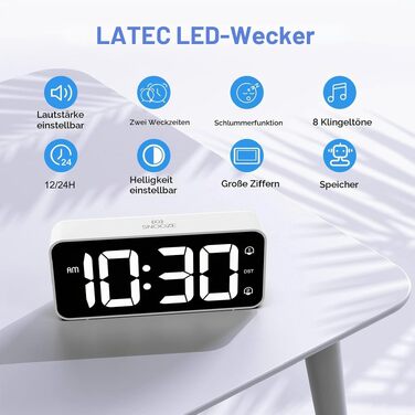 Цифровий LED будильник LATEC з 2 сигналами будильника, функцією Snooze, USB-портом для зарядки, регулюванням яскравості та гучності (90-120 дБ), 8 мелодій, формат 12/24г, мережевий, білий