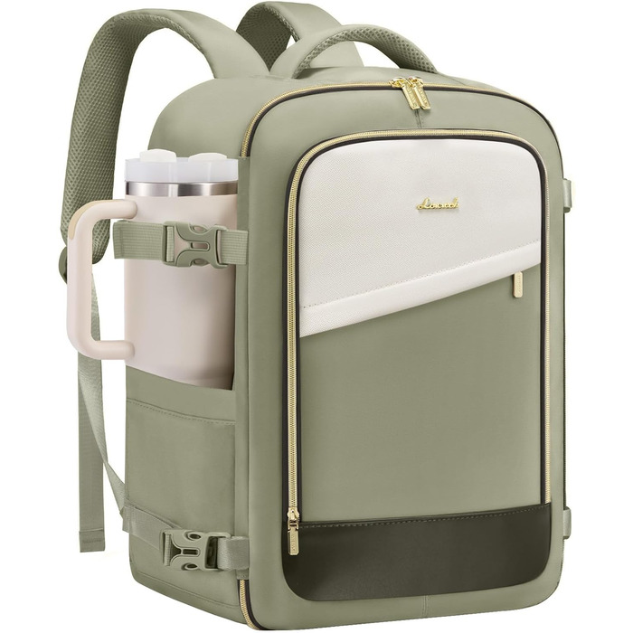 Рюкзак ручної поклажі LOVEVOOK 45x36x20, 32L для Ryanair, Eurowings, Wizz Air (40x30x20cm, зелений+бежевий)