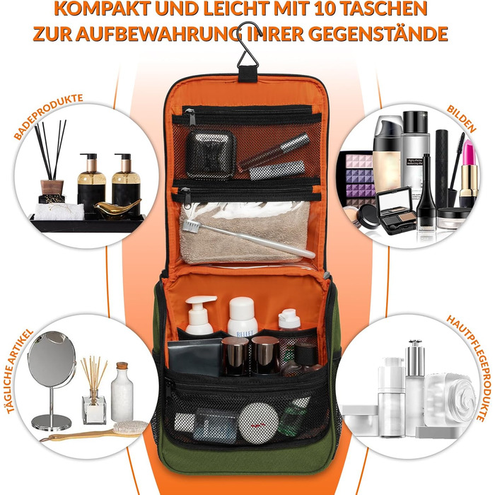 Чоловіча та жіноча дорожня косметичка Kulturbeutel Reise, водонепроникна, з гачком для підвішування, 7 відділень для кемпінгу та подорожей (зелена)