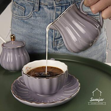 Sweejar Home Royal Ceramic Sugar and Creamer Set, 3-Piece Set with Cream Pitcher, Sugar Bowl, Sugar Set with Lid and Spoon (purple)