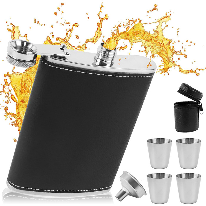 Фляга з нержавіючої сталі 8oz (240 мл) з набором: воронка та 4 стаканчика. Ідеальна для туризму, весілля, кемпінгу, альпінізму, пікніків (чорна)