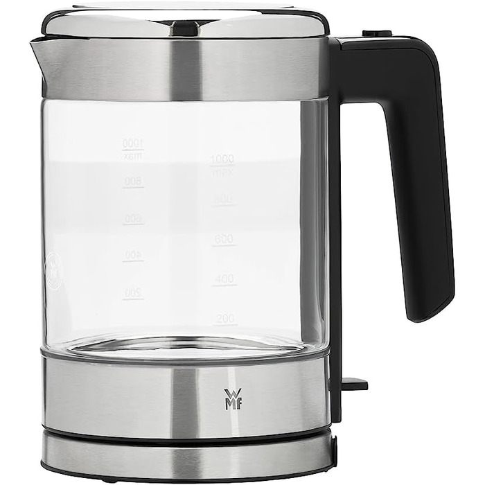 WMF Kitchenminis Kettle Glass 1 Liter, Cordless Small Kettle, Water Level Indicator, Scale Filter, Automatic Shut-Off, 1900 Watts, Cromargan Matt Single