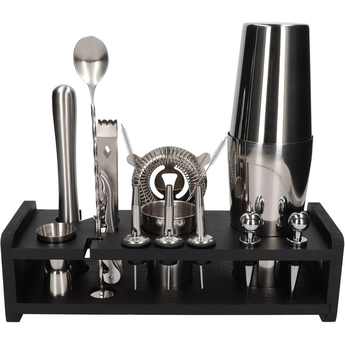 Набір для коктейлів Whiskey Rocks 17-Piece з бамбуковим підставкою: шейкер, мірний стакан, товкачик, ложка, з нержавіючої сталі, сріблястий