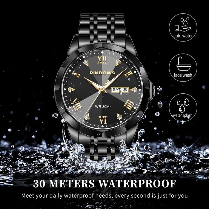 Годинник чоловічий PINDOWS Luxus Quarz аналоговий з датою та великим циферблатом, водостійкий, модний, бізнес-стиль. Елегантний двоколірний годинник з нержавіючої сталі з підсвічуванням календаря De650n1: Чорний