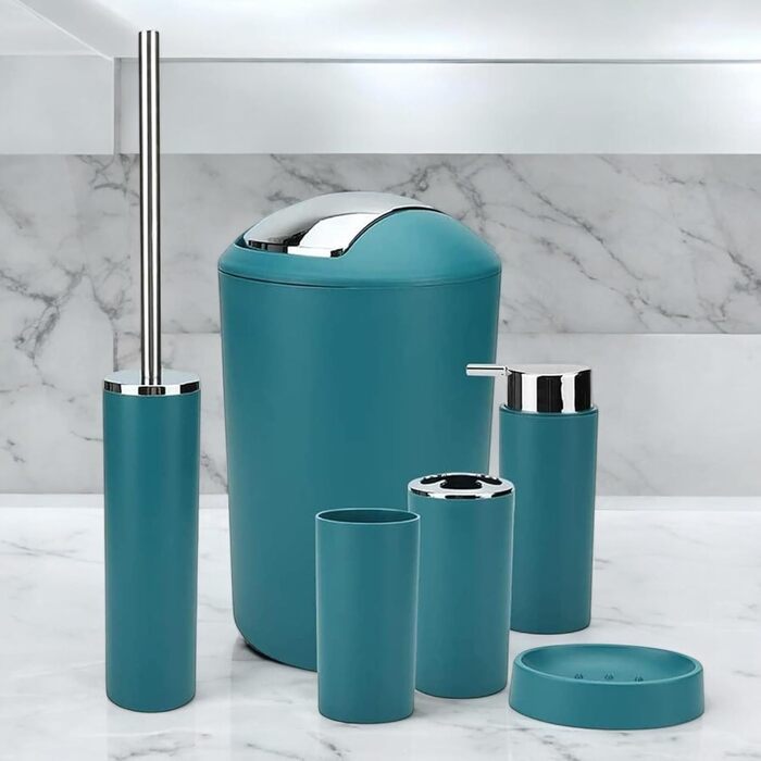 Комплект аксесуарів для ванної кімнати 6tlg Badset: органайзер, дозатор мила, стаканчик для зубної щітки, відро для косметики, щітка для унітазу з тримачем, мильниця, сміттєвий бак, тримач для зубних щіток, повна ванна кімнатна гарнітура (темно-бірюзовий 