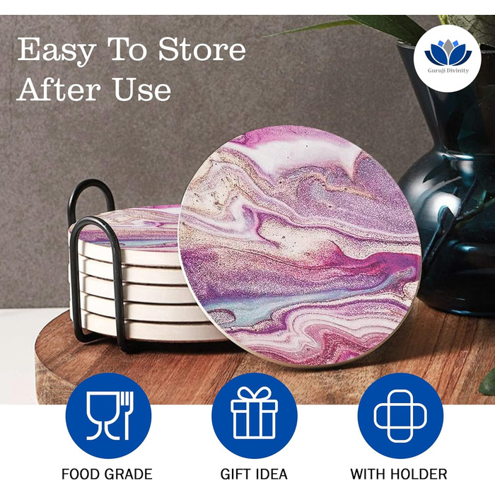 Guruji Divinity Absorbent Ceramic Stone Coasters, Set of 6, with Cork Bottom, Fun Drink Coasters with Holder for Cold Drinks, Wine Glasses and Cups, Table Protection, 4 inches (purple)