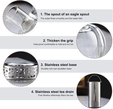 Скляний чайник з боросилікатного скла 1.5л з ситечком, підставкою для підігріву та кришкою — термостійкий чайник для листового, фруктового та пакетованого чаю, придатний для посудомийки