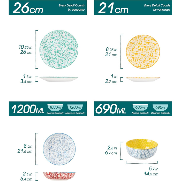 Набір посуду Vancasso Selene для 6 осіб, 24 елементи: тарілки, супові тарілки, миски, десертні тарілки, з пастельного порцеляни, мікрохвильова піч сумісна