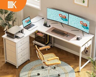 Письмовий стіл ODK з шухлядами, L-подібний, з розетками та USB, реверсивний, з місцем для зберігання, для домашнього офісу, білий, 135×100 см