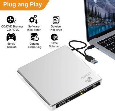 Зовнішній DVD-накопичувач BUNUD Lightscribe для Mac та Windows: USB 3.0 Type-C, DVD-записувач з картридером SD/TF та 2 USB-портами для MacBook, iMac, ноутбуків та PC