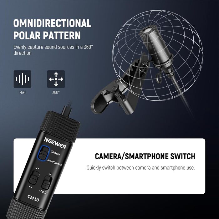 NEEWER Мініатюрний USB-C Лавалерний Мікрофон 2 шт. для iPhone 16 15 Pro Max, Android, Телефонів, Планшетів, ПК, з кабелем 2м (CM10 з 3.5mm TRRS штекером)