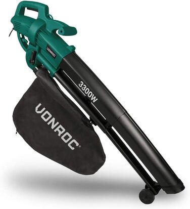VONROC Electric Leaf Blower 3300W - 3-in-1 Leaf Collector Function - Blow 270km/h, Vacuum, Shred - Includes 40L Collection Bag