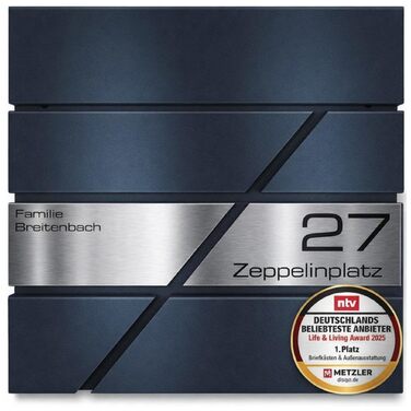 Поштова скринька Metzler персоналізована з гравіюванням, нержавіюча сталь, відділення для газет, замок, вологостійка, антрацит RAL 7016, настінний монтаж 37x37x10.5 см