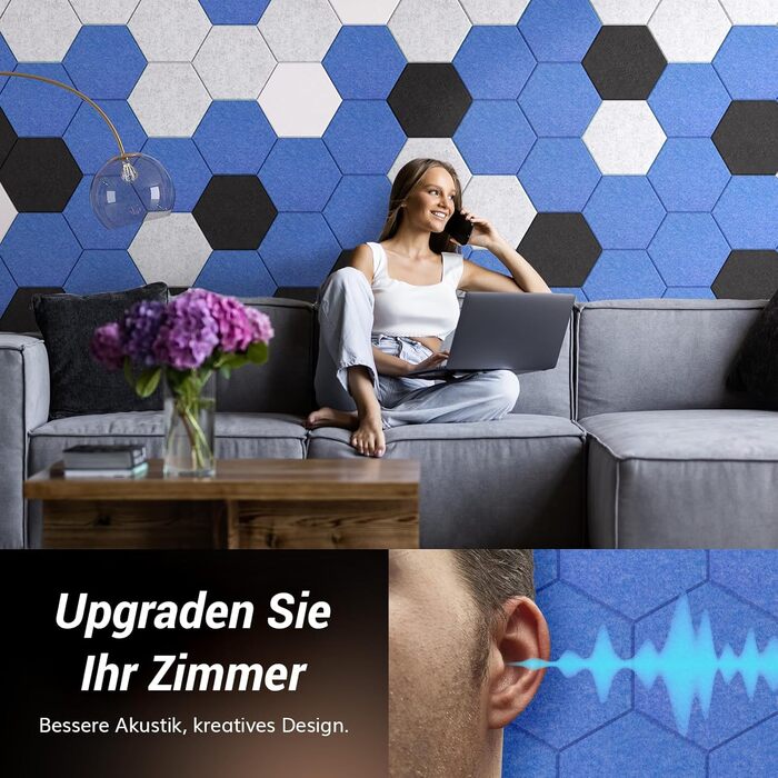 Акустичні гексагональні панелі TONOR самоклеючі для звукоізоляції, набір 12 шт, 30x26x1 см, зелені — шумопоглинаючі плитки для студії, офісу та геймерської кімнати