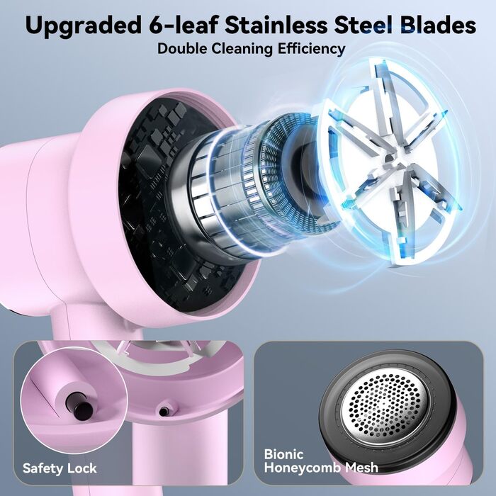 Електричний видалення ворсу з LED-дисплеєм - 6 лез з нержавіючої сталі, 3 швидкості, USB-зарядка. Підходить для одягу, светрів, ворсу на диванах та постільній білизні (білий, рожевий)