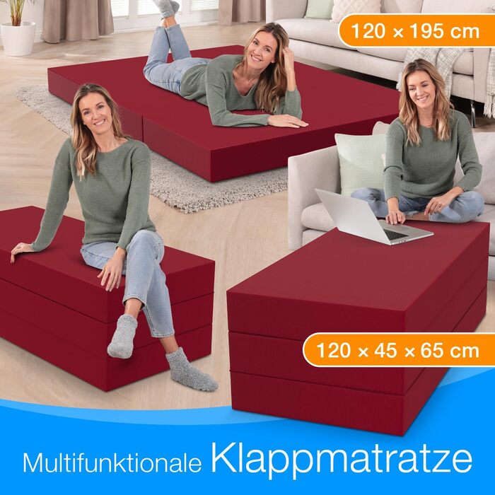 Складаний гостьовий матрац ELONEO 120x195x15 см, трисекційний, товстий пінополіуретан, червоний, знімний чохол, ортопедичний, для дорослих