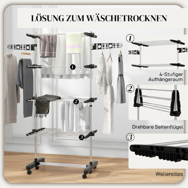 HOMCOM Clothes Drying Rack with Wheels, Clothes Dryer Tower, Stand Dryer with Folding Wing, Clothes Rack for Indoor, Outdoor, Steel 142 x 55 x 172 cm, Black | Aosom