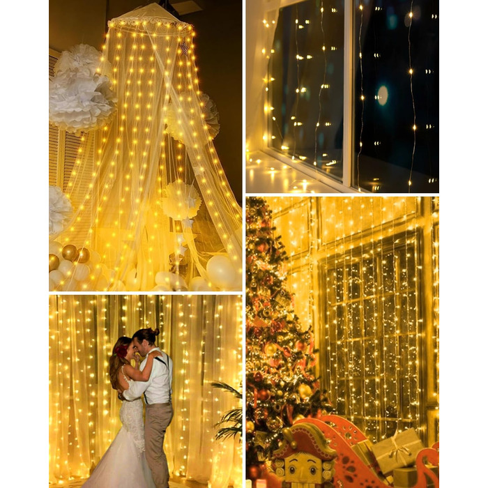 Ланцюжок-завіса світлодіодна 3x3м, 300 LED, USB, 8 режимів, пульт, IP65, тепле світло, для декору, свята, вечірки