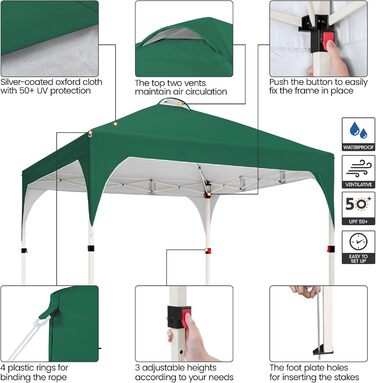 Yaheetech Folding Gazebo 2.4 x 2.4m Pop-Up Gazebo, Height Adjustable Garden Gazebo, Waterproof & Sun Protection Party Tent Garden Tent with Rolling Carry Bag for Outdoor Market Garden Yard, (Dark Green, 3x3m)