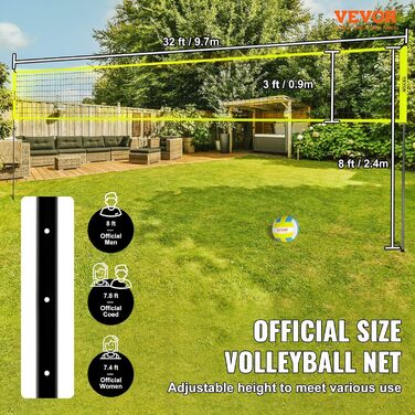 VEVOR Adjustable Height Volleyball Net Set - Portable Beach Volleyball Net for Outdoor Play - Includes Volleyball & Carry Bag - Perfect for Garden, Beach, Lawn