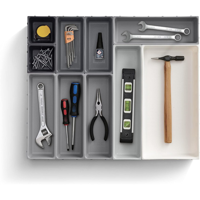 Joseph Joseph Blox 10-Piece Kitchen Utensil, Stationery & Tool Modular Drawer Organizer Set, Grey