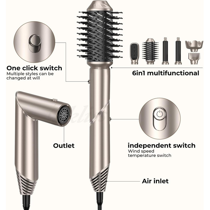 UKLISS 6-в-1 Airstyler: Фен-щітка, локони, укладка, іонізація 60 000 U/min, золотий
