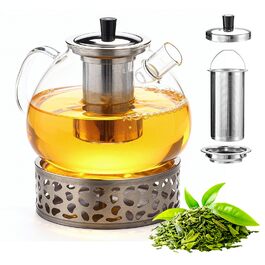 Скляний чайник для заварювання чаю з підставкою-підігрівачем та ситечком, 1500 мл, для листового та фруктового чаю