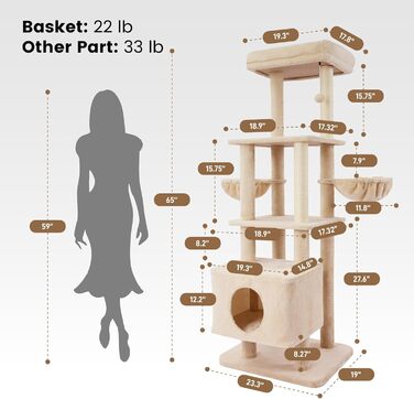 Кліматизатор для котів Гарднер Пет Катценбаум, великий, 165 см. Кліматизатор, ігровий комплекс з подвійними кошиками, стійками для дряпання, платформою та печерею. Компактні меблі для котів у квартиру, бежевий L (59 x 48 x 165 см)