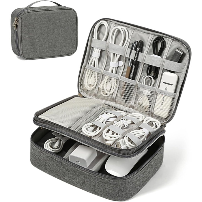 Органайзер для кабелів Neusid: водонепроникна сумка-організатор для подорожей, 3 відділення, для USB-кабелів, Power Bank, сірий