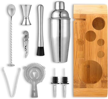 High-quality cocktail shaker set, cocktail mixing set, 10-piece, made of stainless steel, with bamboo storage, including cocktail shaker, jigger, strainer, muddler, bar spoon, ice tongs, bottle opener, and measuring tool.