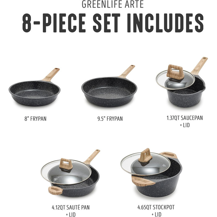 Набір кухонного посуду з кераміки (8 предметів), індукційний, без ПТФЕ, безпечний, для кухні, салатовий (середній, гранітний чорний)