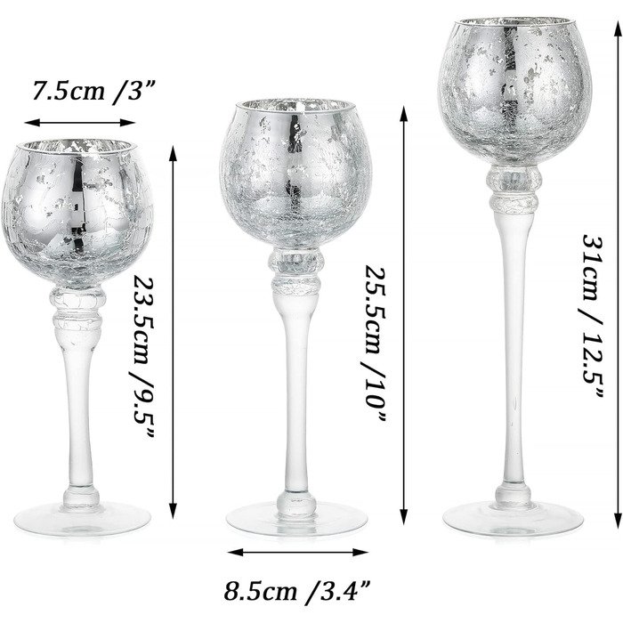 Romadedi Tealight Holder Candle Holder Glass Silver - Lantern Tealight Holder Decor Mercury 3-Piece Set 23.5/25.5/31.5 cm for Tealights Votive Candles, High Candles, Living Room Table Decoration, Wedding