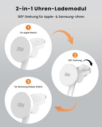 Зарядна станція JoyGeek 3-в-1 з магнітною індукцією 25W для iPhone 17/16, Apple Watch, Samsung Watch та AirPods. Білий матовий.