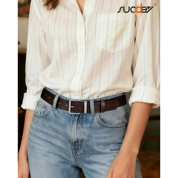 Жіночий шкіряний ремінь SUOSDEY вінтажний, для джинсів, штанів та суконь, з пряжкою золото/срібло, ширина 3.3 см (кава-срібло, розмір 92-102 см)