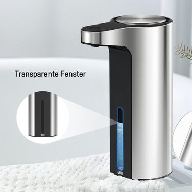 Automatic Soap Dispenser with Window - Infrared Sensor, 250ml, USB Rechargeable, Waterproof, Adjustable Dosage, Drip-Free, for Kitchen & Bathroom - Matte Black (Silver)