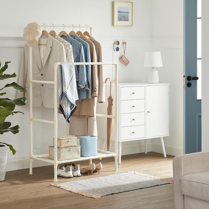 SONGMICS Стійка для одягу металева, з 2 перекладинами та полицею, біла, до 55 кг, проста збірка RDR01WT