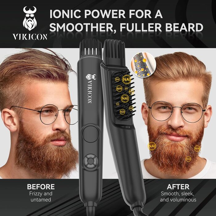 VIKICON 3-in-1 Beard Straightener Brush for Men - Professional Hair Comb & Volumizer with 4 Heat Settings (120-220°C) Iion Beard & Hair Straightening Brush for Home & Travel