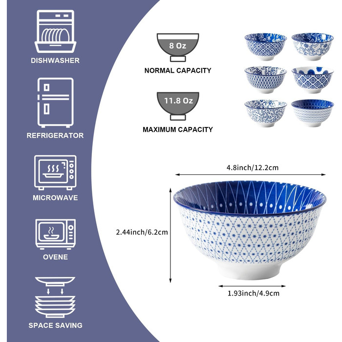 Набір супових тарілок з кераміки, 709 мл, глибокі миски для мюслі, порцеляна, 6 шт., вінтажний блакитний колір