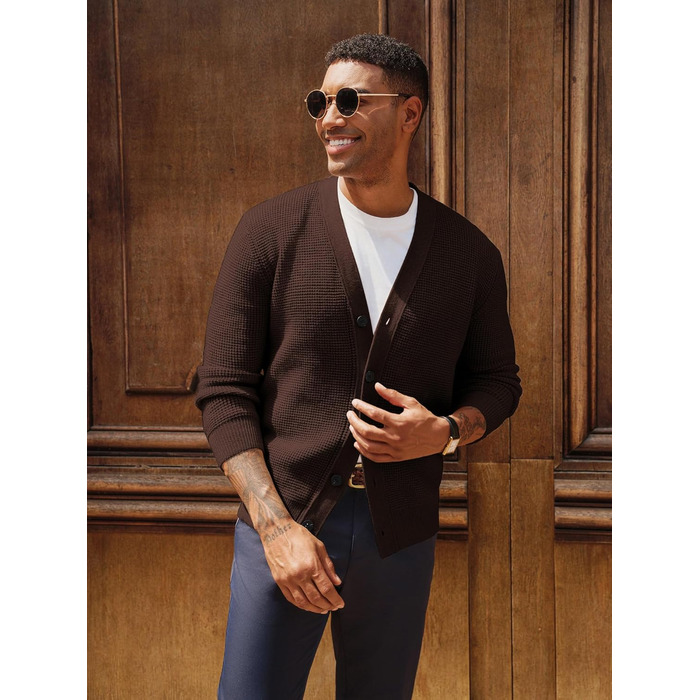 Чоловічий в'язаний кардиган PJ PAUL JONES з вафельною в'язкою, довгі рукави, V-подібний виріз, на ґудзиках, колір кавово-коричневий (XXL)
