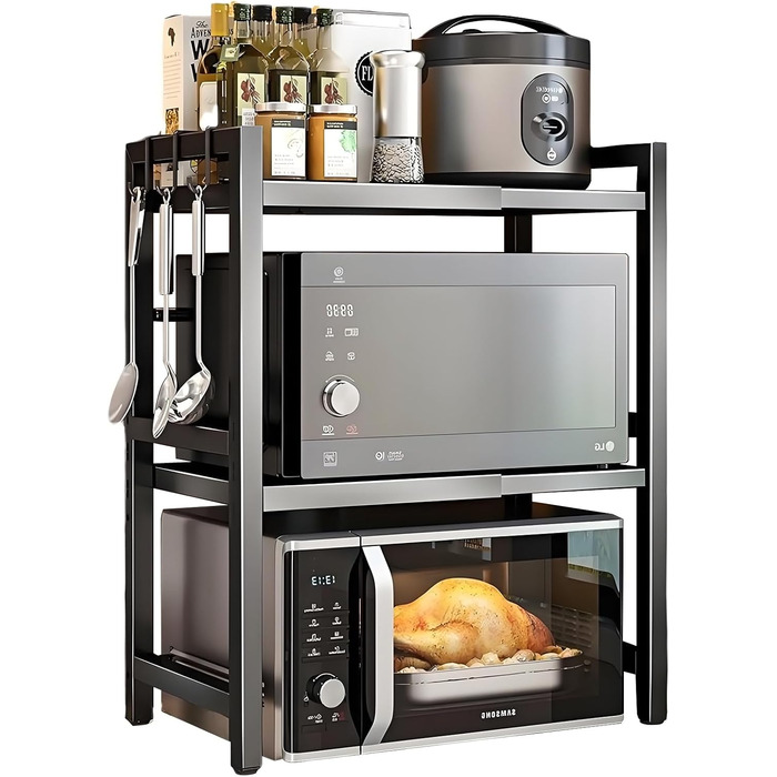 Регульована полиця для мікрохвильової печі, 3-рівнева розширювана стійка, органайзер для кухні з 6 гачками, з вуглецевої сталі, чорний