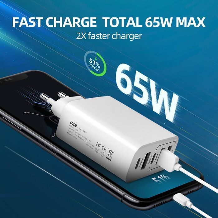 Мережевий адаптер AXFEE 65W 5 портів USB C з USB-A, швидка зарядка PD 3.0 для iPhone 14 Pro Max 13