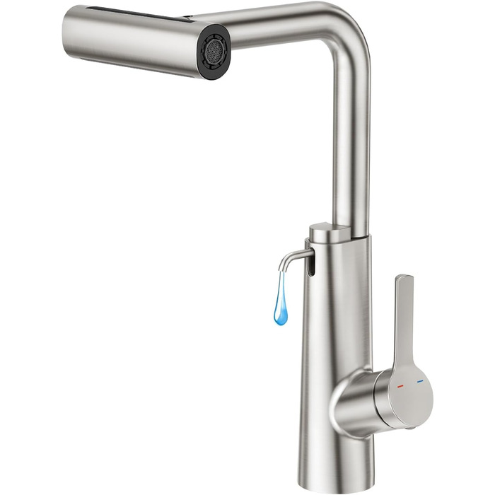 Змішувач для кухні CREA Wasserfall з висувною лійкою, нержавіюча сталь, з дозатором мила, поворотний на 360°, 4 режими струменя, водоспадний ефект