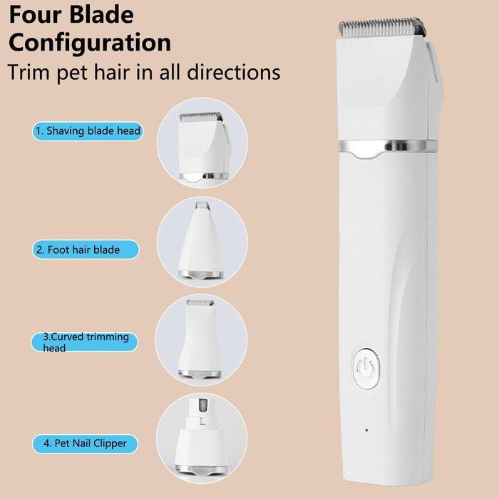 Набір 4-в-1 для стрижки собак та котів: машинка для стрижки, тример для лап, точилка для кігтів. Безшумна, акумуляторна, IPX7, 4 насадки для догляду за тілом, очима, вухами та мордою.